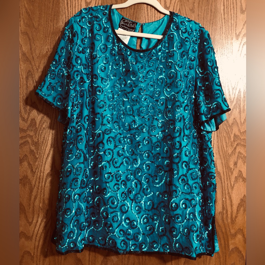 Sequin Silk Blouse Size 24w Jean For Joseph Lebon, Teal Blue Green